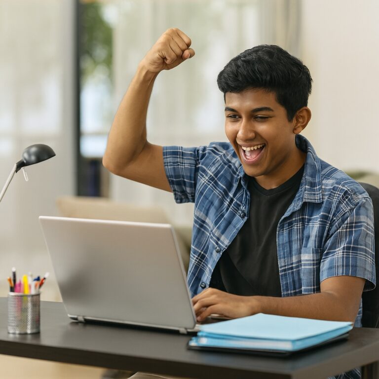 Teen celebrating academic progress on a laptop after mentoring session focused on school success and confidence.