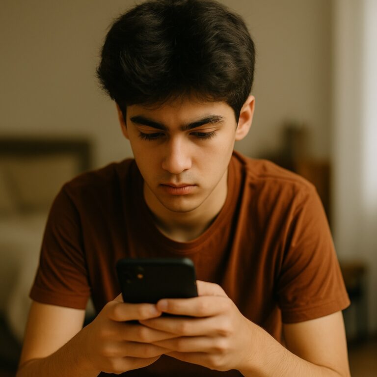 Young man deeply focused on his phone, reflecting the challenge of screen use and attention in today’s digital world.